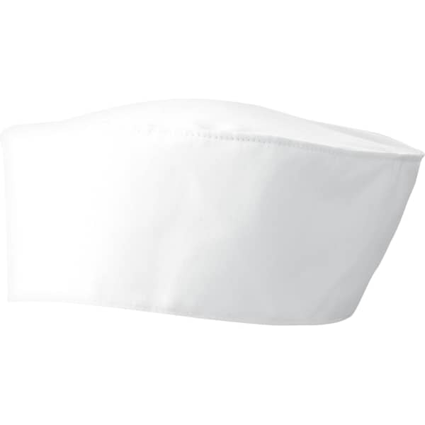 A white chef's skull cap with a structured design, featuring a hidden logo.