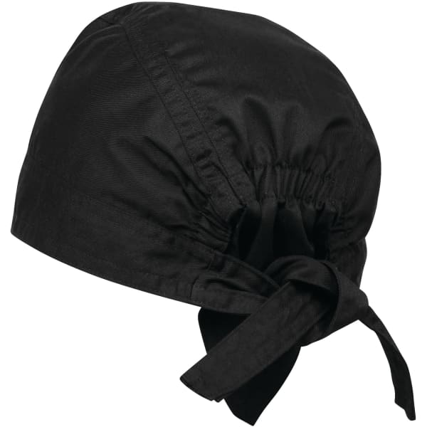 A black chef's zandana with an elasticated band and ties at the back. It has a smooth, fabric finish.