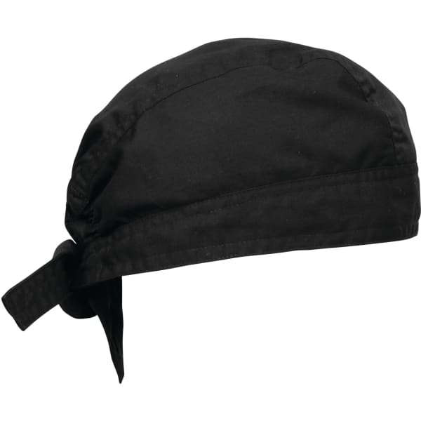 A black chef's zandana with a tied back design, featuring a curved shape and a smooth fabric texture.