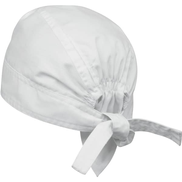 A white chef's zandana with a tied back design. It features a gathered band for a secure fit.