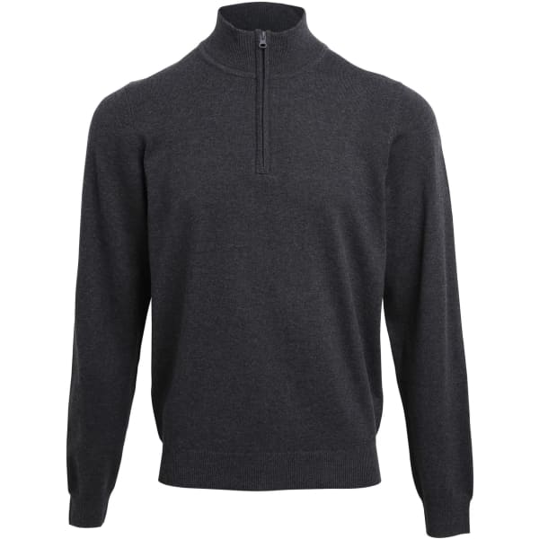 A dark grey 1/4 zip sweater with long sleeves and a collar. It features a small logo on the upper left side.