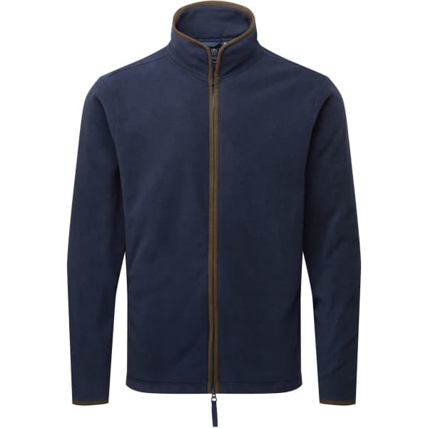 A navy blue polar fleece jacket featuring a zip front and contrasting trim. It has a logo on the chest.