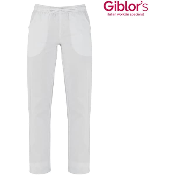 White pants featuring a simple design and pockets, with a logo in the top right corner.