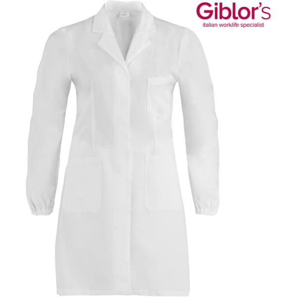 A white lab coat with long sleeves, featuring a collar and multiple pockets. It has a logo on the top right.