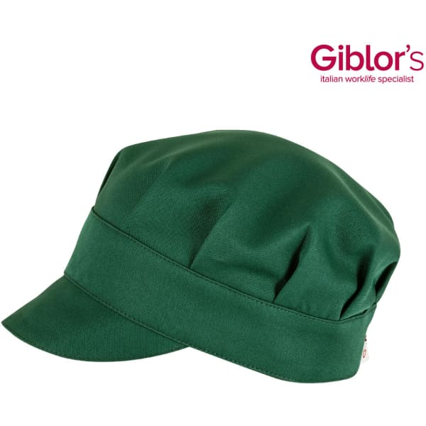 A green hat with a rounded crown and a short brim, featuring a logo.