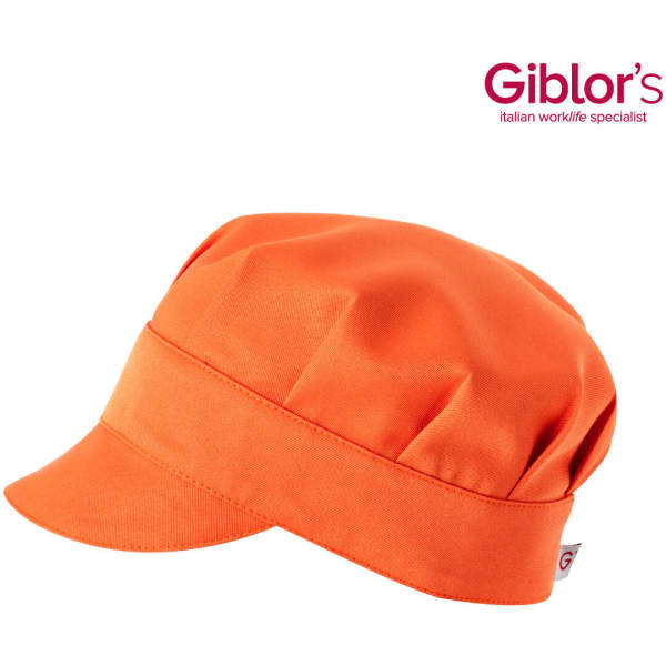 An orange Jerry Hat with a rounded top and a flat brim. Features a logo on the side.