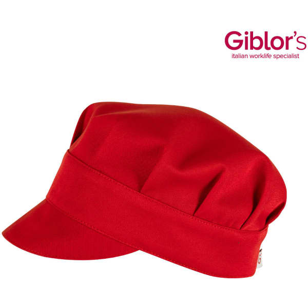 A red cap with a rounded top and a wide brim, featuring a logo on the side.