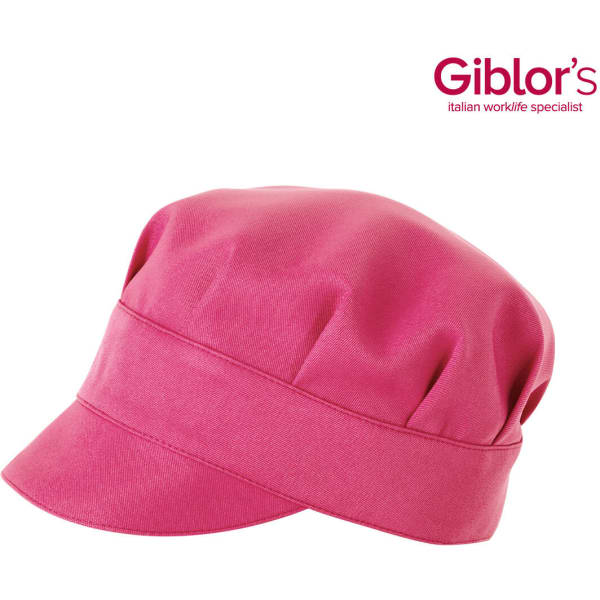 A pink cap with a gathered top and wide brim, featuring a logo on the side.