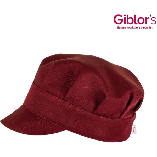 A maroon cap with a rounded top and a stiff visor, featuring a logo tag on the side.