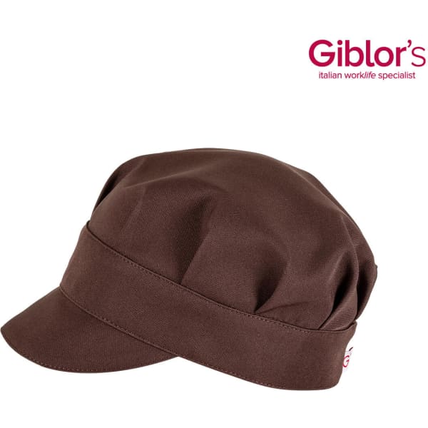 A brown hat with a rounded crown and a short brim. The product has a logo.