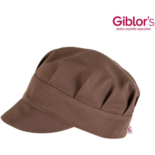 A brown cap with a structured peak and pleated design, featuring a logo.