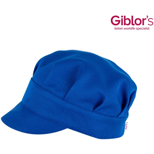 A blue hat with a structured brim and gathered fabric, featuring a logo on the side.