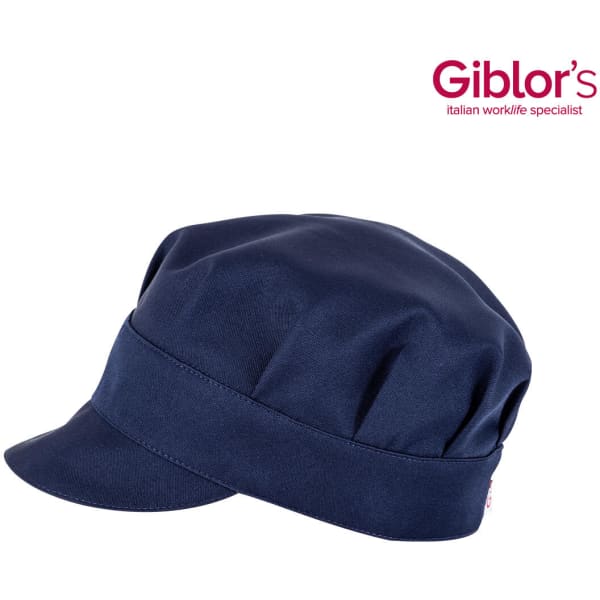 A dark navy blue cap with a structured design, featuring a rounded top and a wide brim. It has a logo on the side.