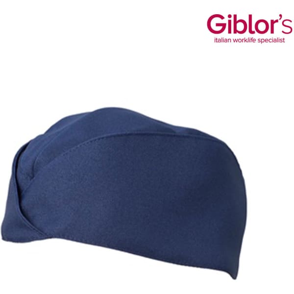 A navy blue hat with a smooth surface, featuring a curved design and a logo.