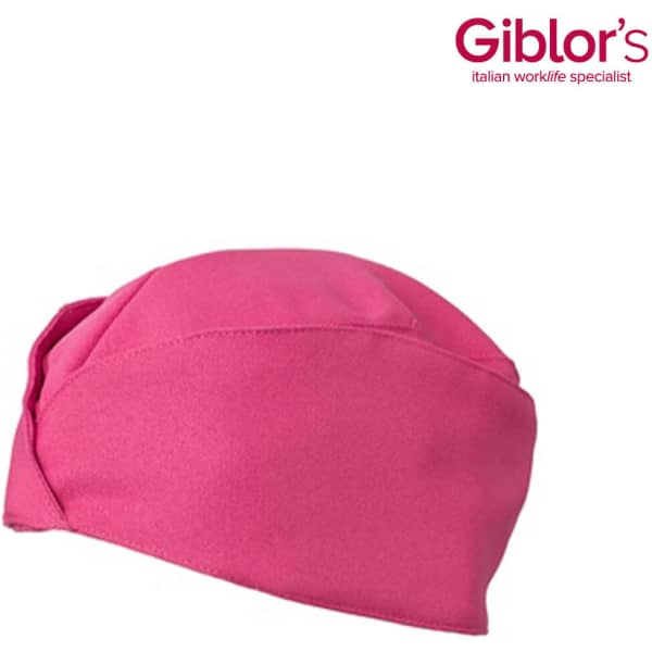 A pink hat with a folded design, featuring a logo on one side.