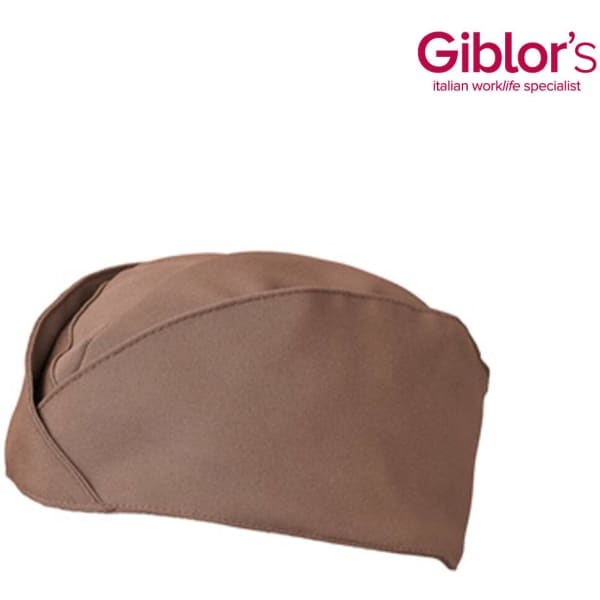 A brown hat with a unique design, featuring a logo.