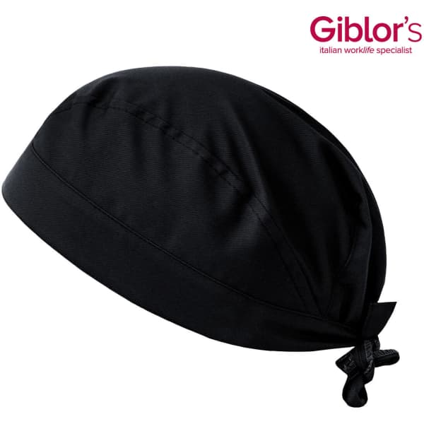 A black bandana with a tie at the back and a logo present.