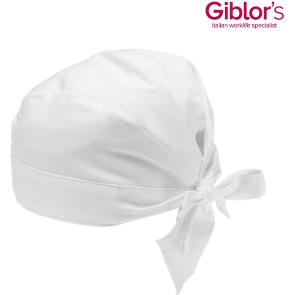 A white bandana with a tie closure at the back, featuring a logo.