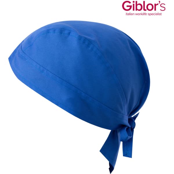 A blue bandana with a tied back design. The item has a logo on it.
