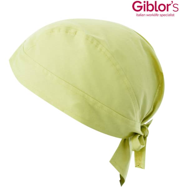 A light green bandana with a tied back design and a small logo on the side.