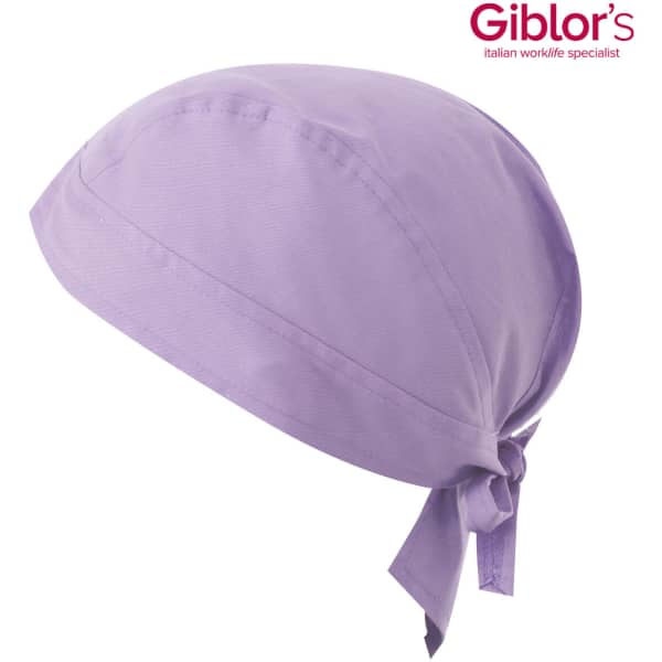 A lilac bandana with a tied back design, featuring a logo on the top.