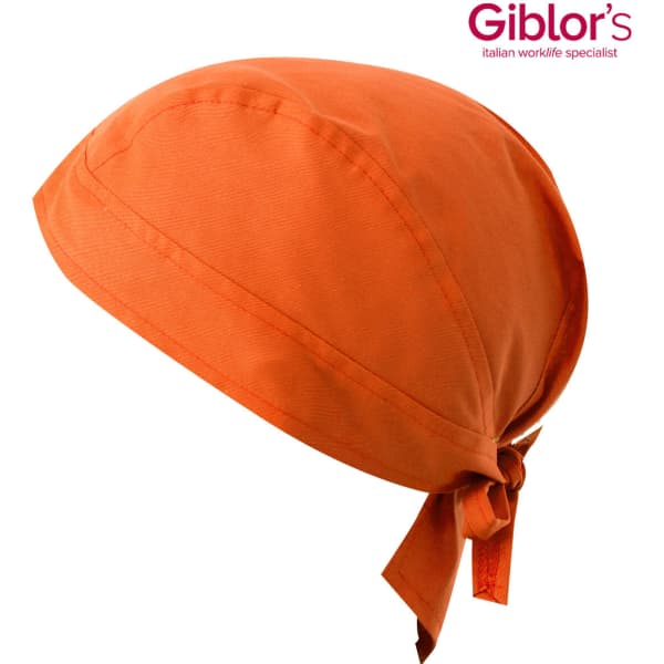 An orange bandana with a tied back feature, featuring a branding logo on the upper right corner.