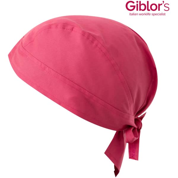 A vibrant pink bandana with a tied back feature, designed for versatile use. It has a logo on the side.