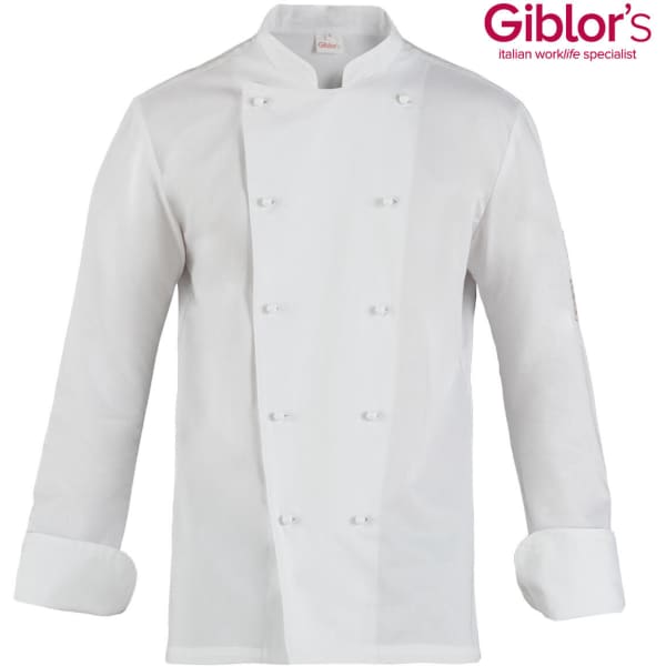 A white chef jacket with a double-breasted design and long sleeves. It features a logo on one sleeve.
