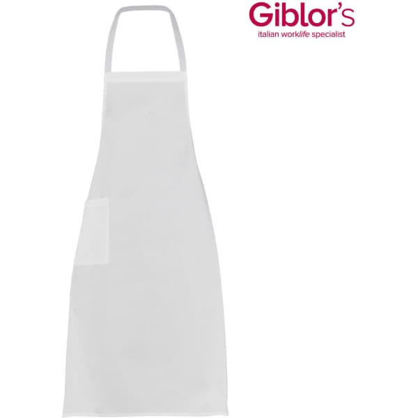 A white apron with a pocket, featuring a logo in the upper corner.