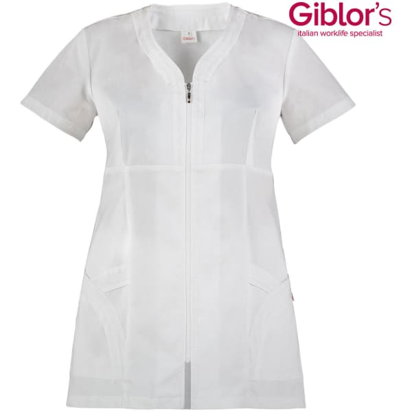 A white tunic featuring short sleeves, a zippered front, and two pockets, with a logo present.