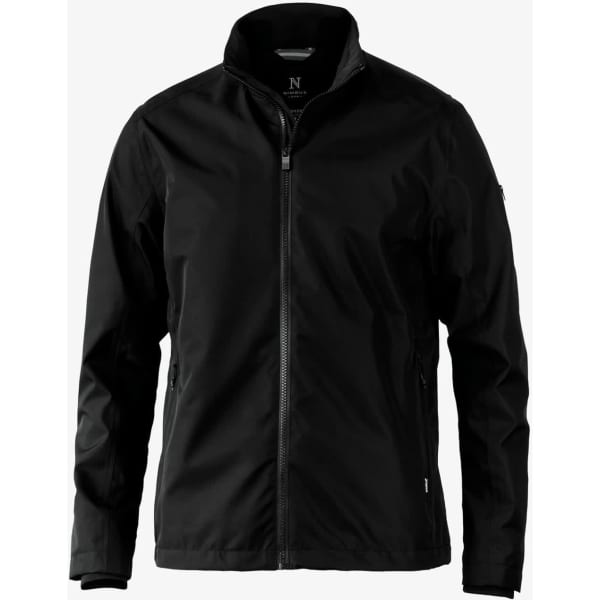 A black jacket with a high collar and zip front, featuring an emblem on one sleeve.