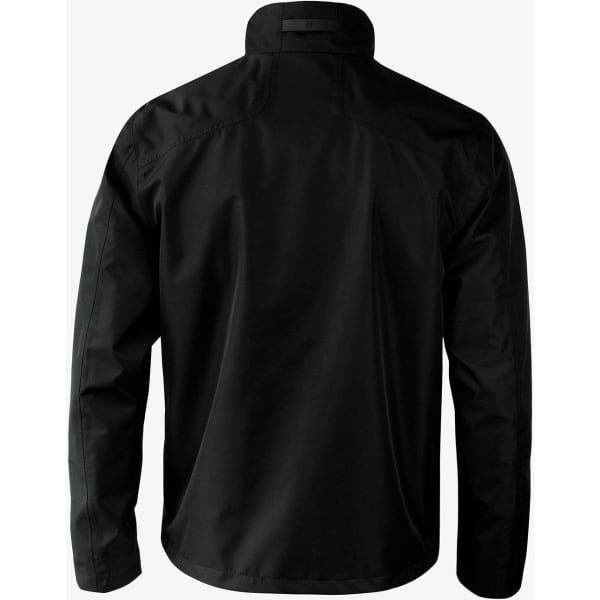 A black jacket with a high collar and long sleeves, featuring a logo on the back.