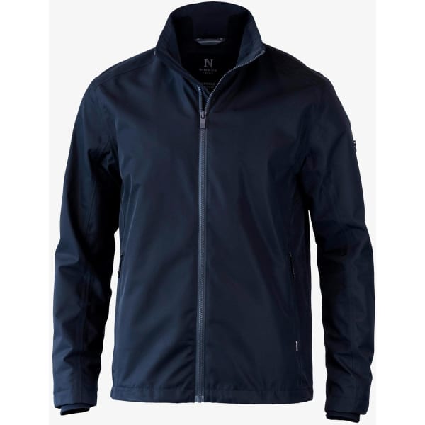 A men's jacket in navy blue featuring a zip closure and a collar, with a logo on the sleeve.