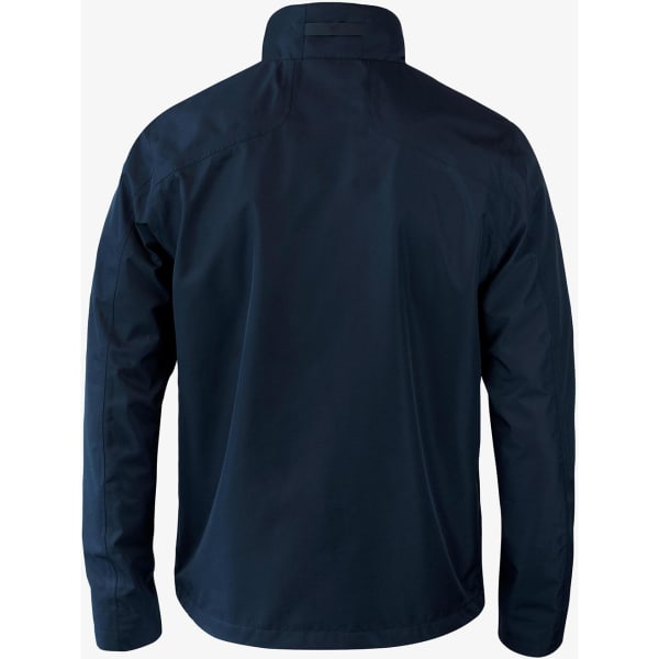 A navy blue men's jacket with a high collar and long sleeves, featuring a logo on the back.