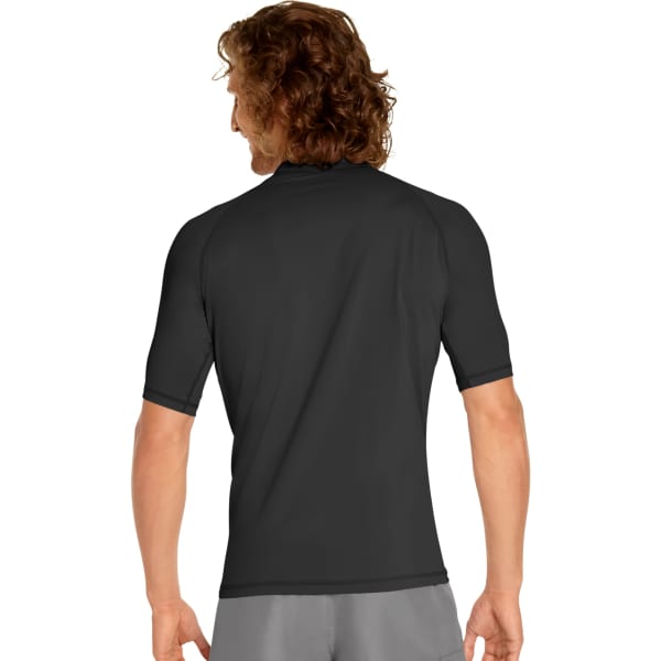 A short sleeve rash guard in black with a fitted design and a high collar, featuring a logo on the back.