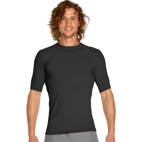 A short sleeve rash guard in black featuring a fitted design and a logo on the chest.