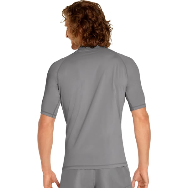 A grey short sleeve rash guard with UPF 50+ protection, featuring a simple design and a logo on the back.