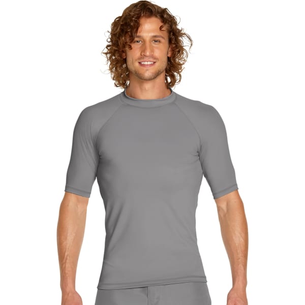A short sleeve rash guard in grey, featuring a fitted design and a round neckline, with a logo on the chest.