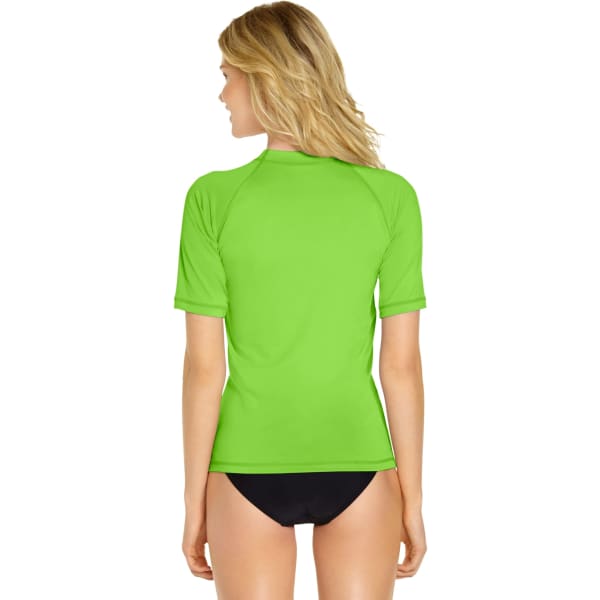 A green adult short sleeve rash guard with a fitted design, featuring a logo on the back.