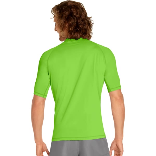 A green short sleeve rash guard with a fitted design and logo on the back. Features UPF 50+ protection.