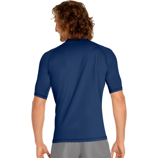 A navy blue adult short sleeve rash guard with a high collar, featuring a logo on the back.
