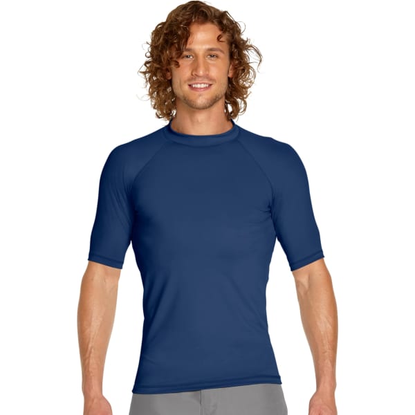 A navy short sleeve rash guard with a fitted design, featuring a logo on the chest.