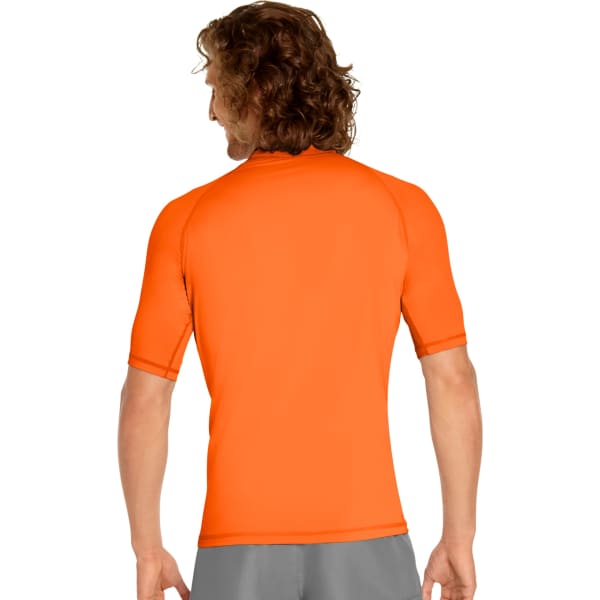 An orange short sleeve rash guard with a fitted design, featuring a logo on the back.