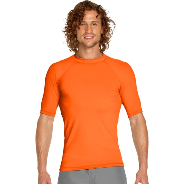 An orange adult short sleeve rash guard featuring a logo, designed with a UPF 50+ rating.