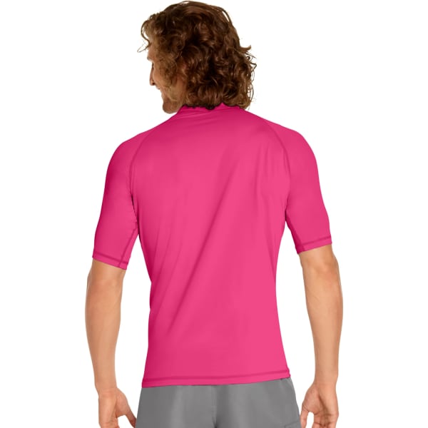 A short sleeve rash guard in vibrant pink, featuring a logo on the back. Ideal for sun protection with UPF 50+.