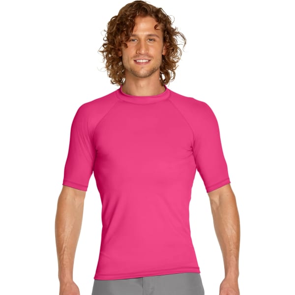 A pink short sleeve rash guard with UPF 50+ protection, featuring a logo on the chest.