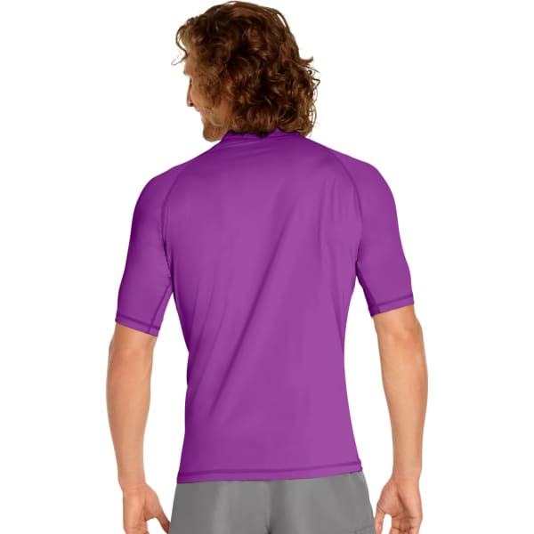 A purple adult short sleeve rash guard with UPF 50+ protection, featuring a logo on the back.