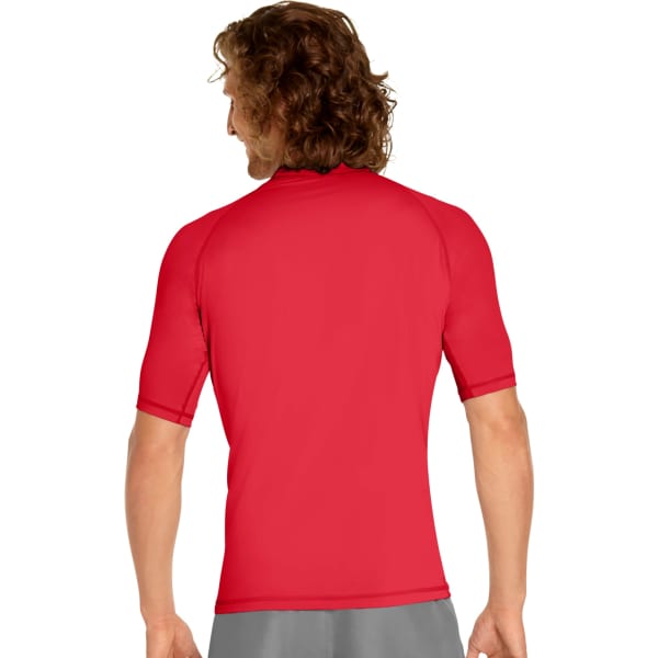 A red short sleeve rash guard with a fitted design, featuring a crew neck and a logo on the back.