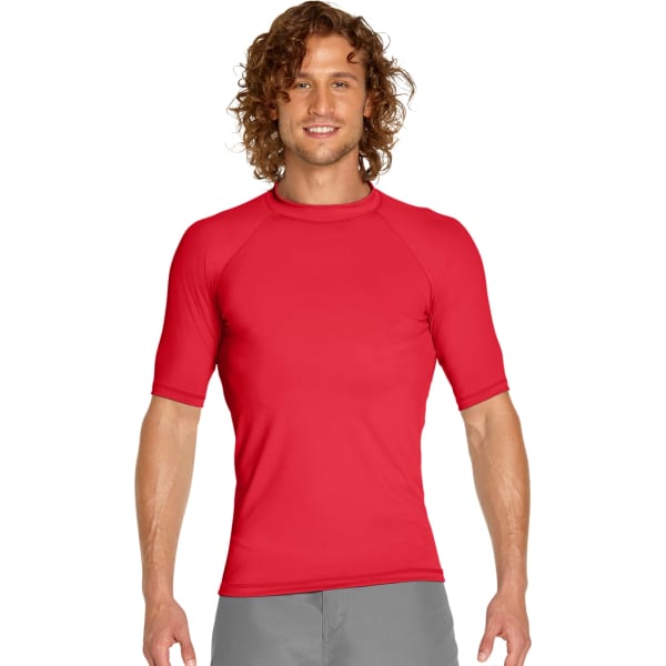 A red short sleeve rash guard with a fitted design, featuring a logo on the chest.