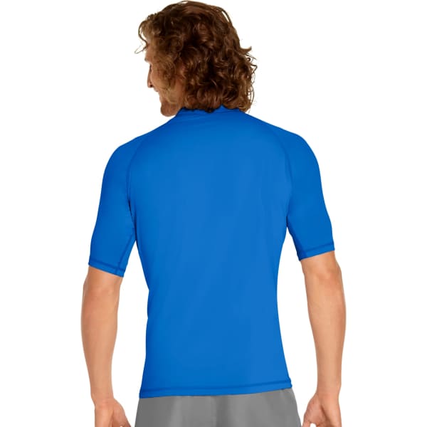 A blue adult short sleeve rash guard with a fitted design and a logo on the back.